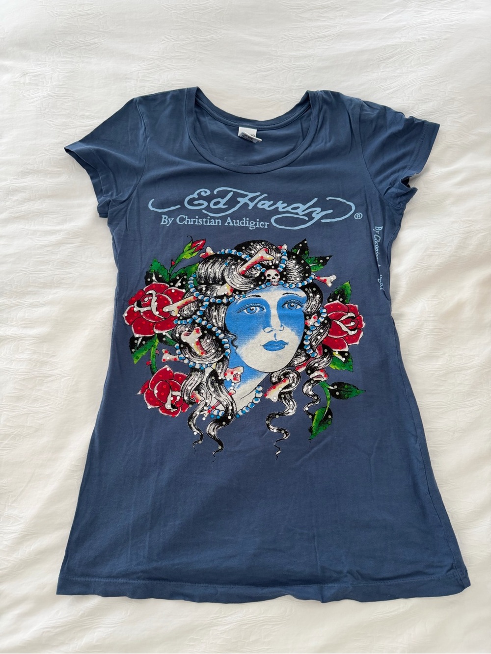 Ed Hardy Navy Scoop Neck Tee with Medusa & Red Rose Graphic